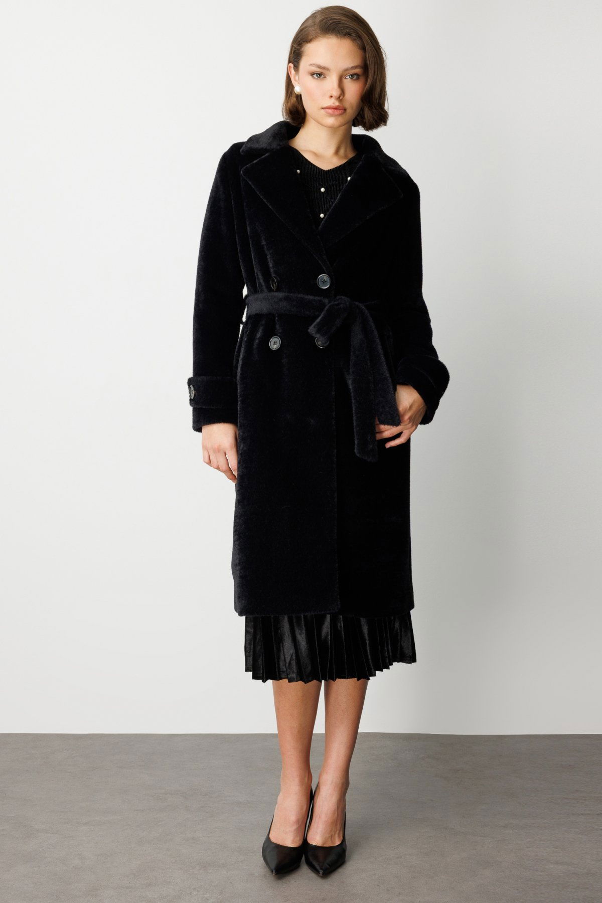 Ekol Kadın Beli Kuşaklı Peluş Kaban 6033 Siyah - 3