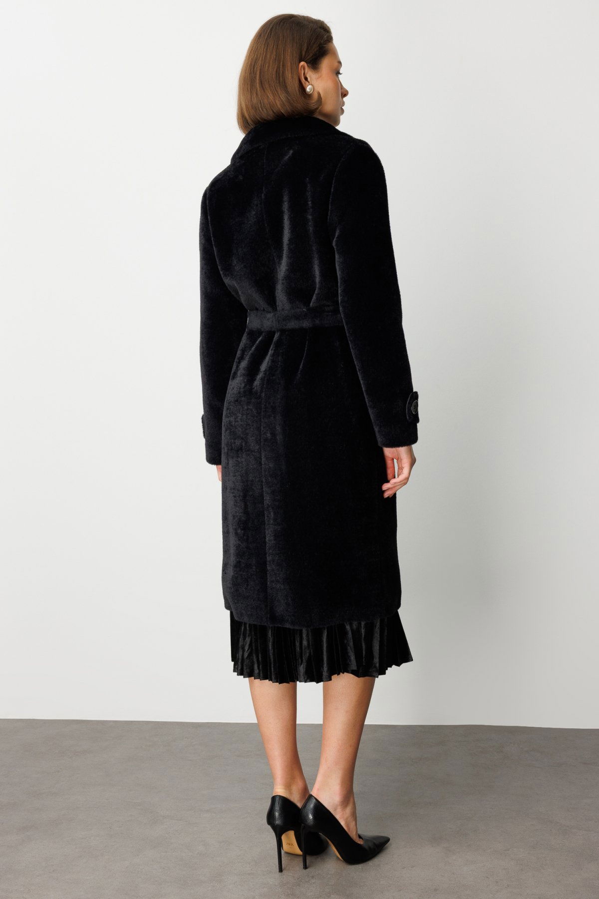 Ekol Kadın Beli Kuşaklı Peluş Kaban 6033 Siyah - 4