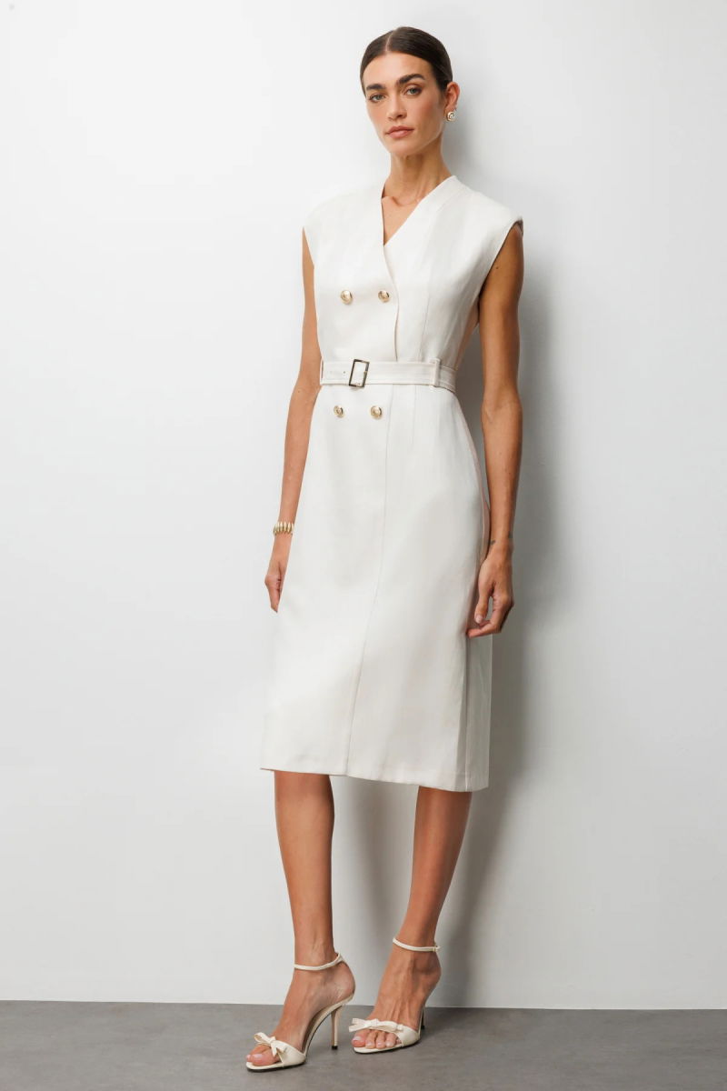 Ekol Kadın Beli Kuşaklı Süs Düğmeli Midi Elbise 6012 Ekru - Ekol