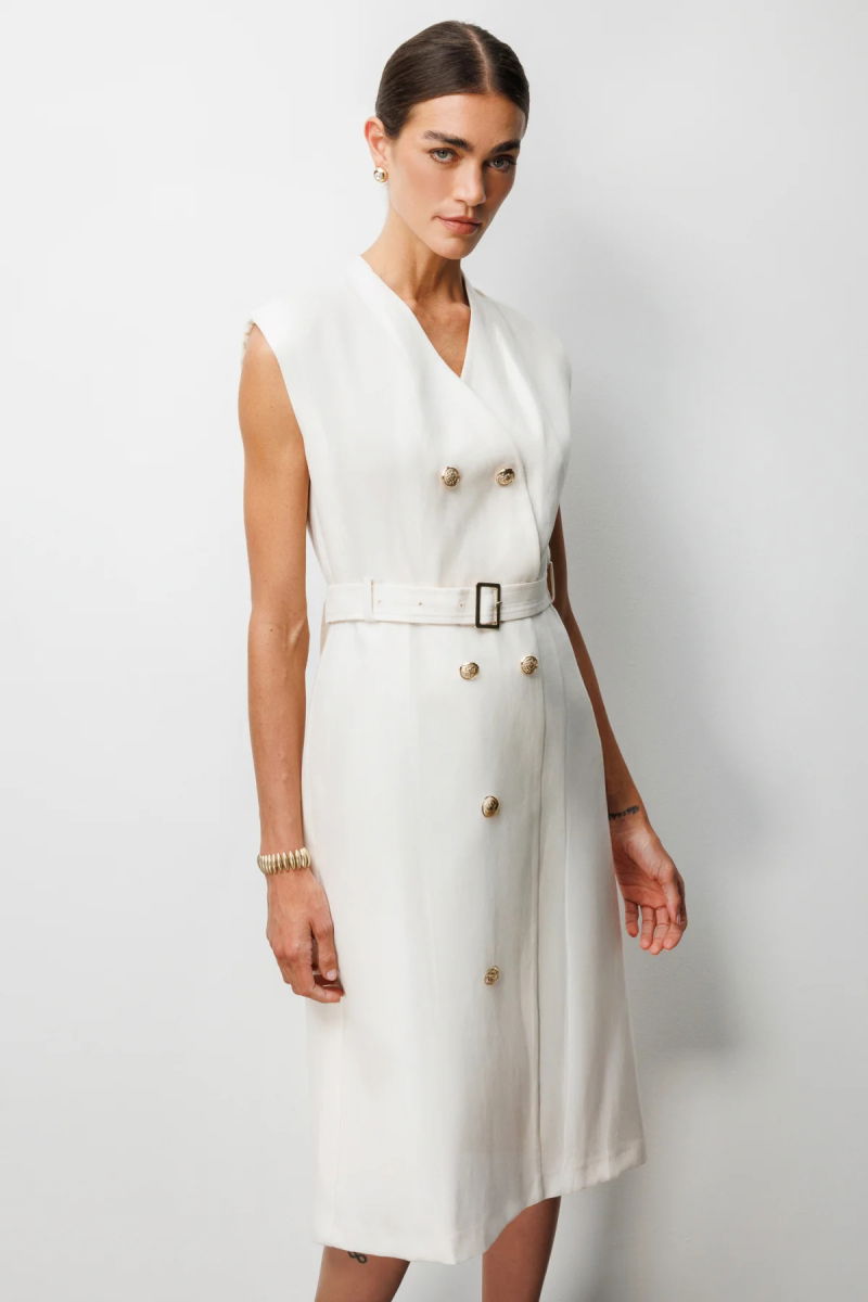 Ekol Kadın Beli Kuşaklı Süs Düğmeli Midi Elbise 6012 Ekru - 2