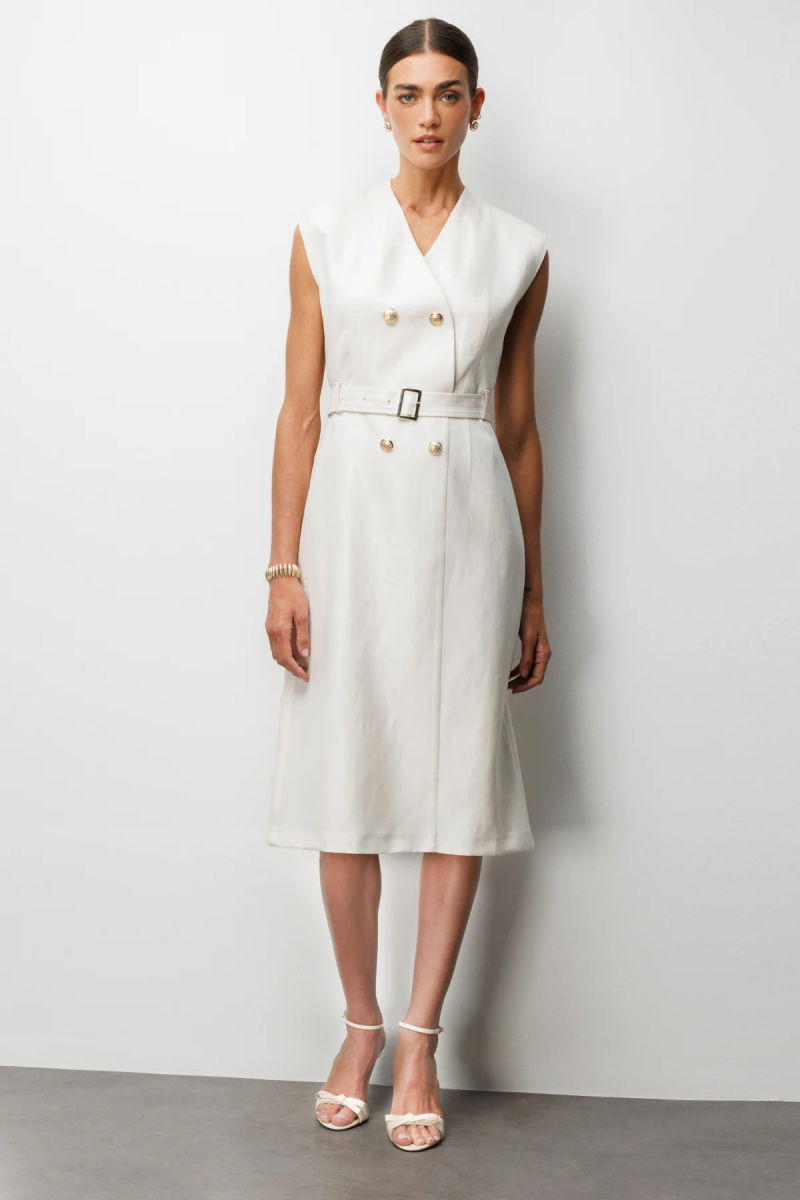 Ekol Kadın Beli Kuşaklı Süs Düğmeli Midi Elbise 6012 Ekru - 3