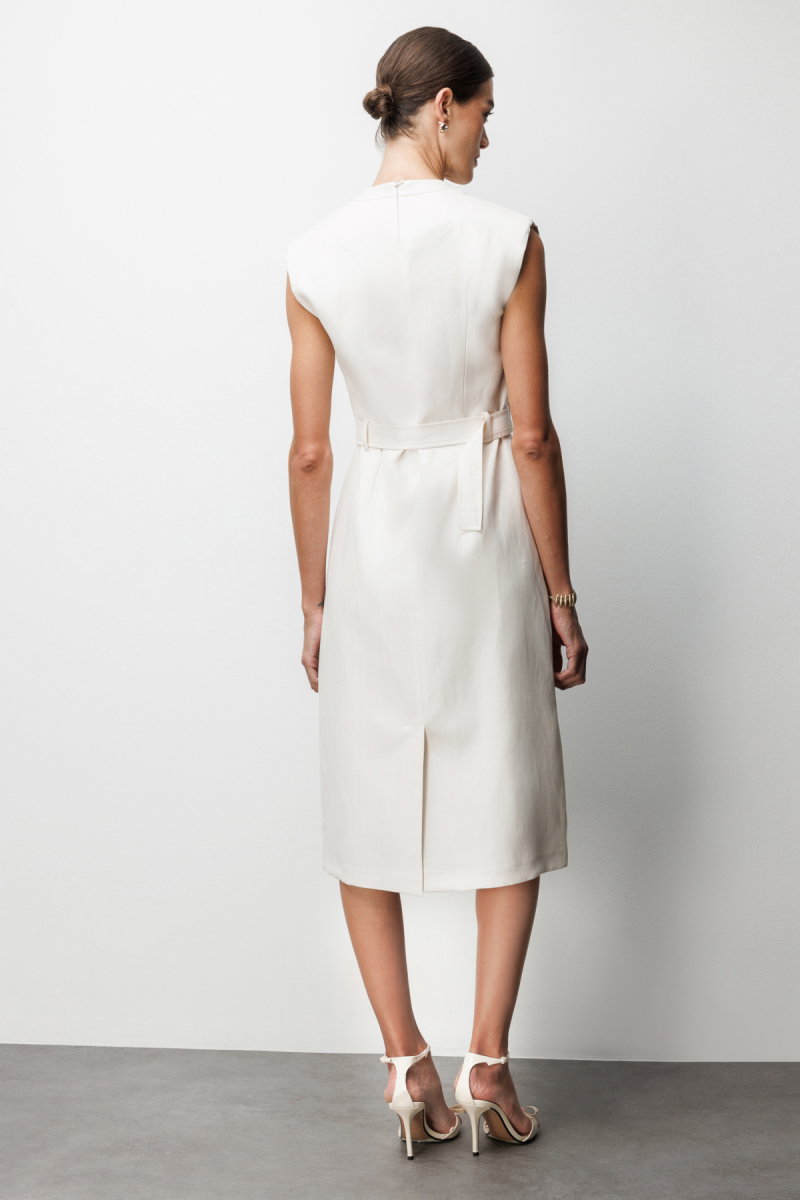 Ekol Kadın Beli Kuşaklı Süs Düğmeli Midi Elbise 6012 Ekru - 4