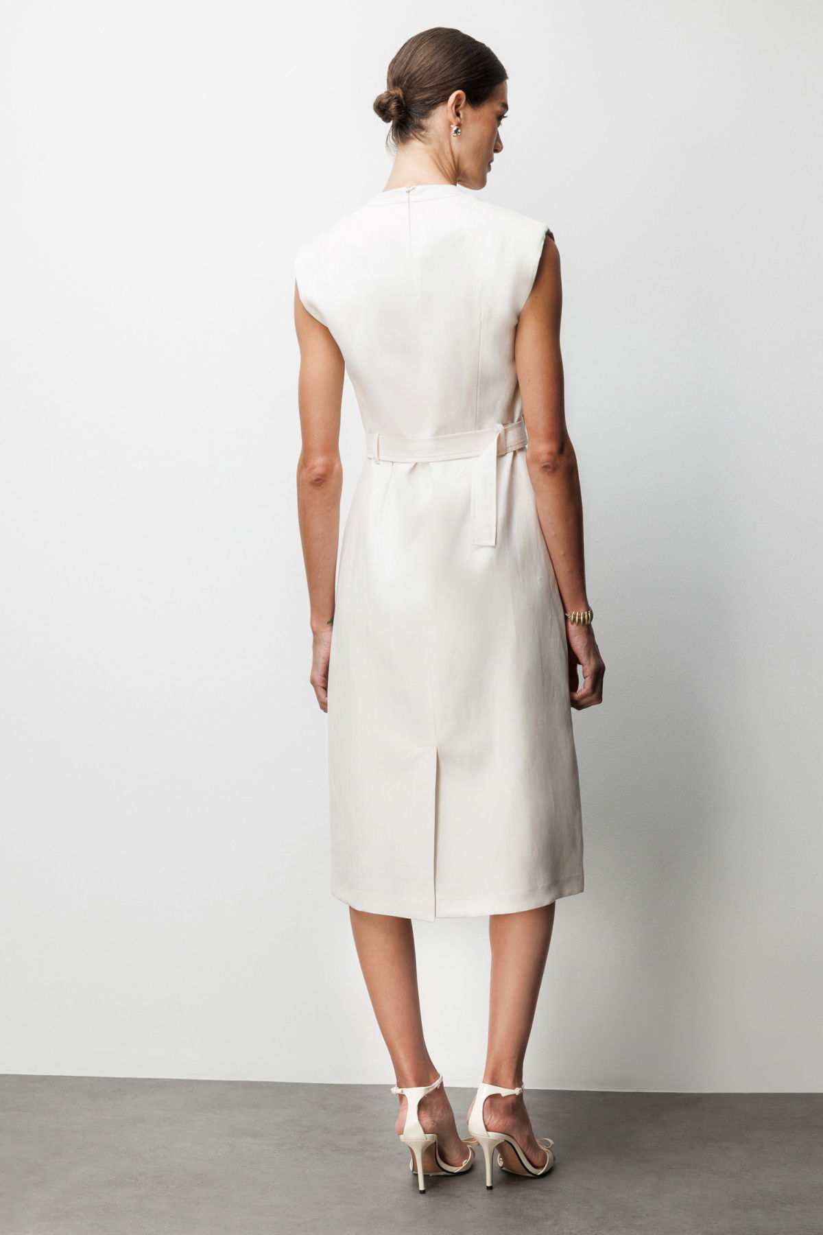 Ekol Kadın Beli Kuşaklı Süs Düğmeli Midi Elbise 6012 Ekru - 4