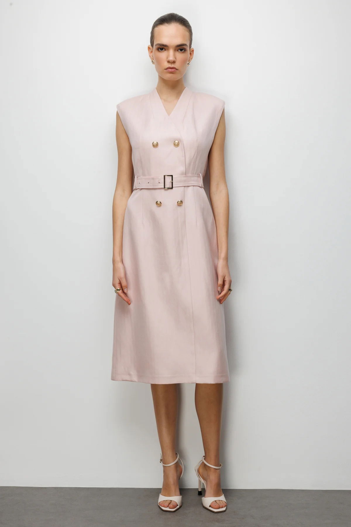Ekol Kadın Beli Kuşaklı Süs Düğmeli Midi Elbise 6012 Pembe - 1