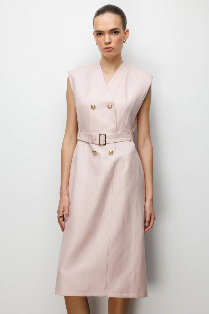 Ekol Kadın Beli Kuşaklı Süs Düğmeli Midi Elbise 6012 Pembe - 2