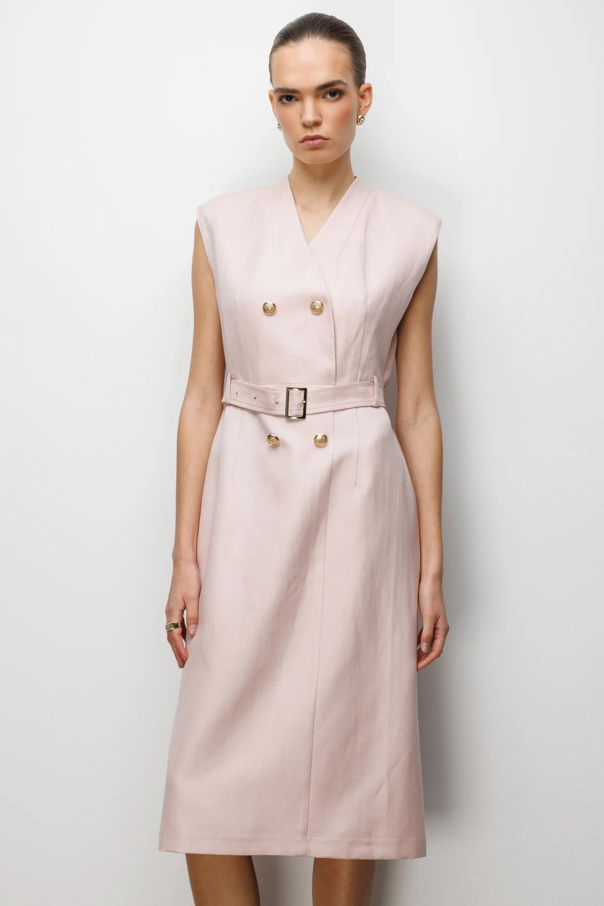 Ekol Kadın Beli Kuşaklı Süs Düğmeli Midi Elbise 6012 Pembe - 2