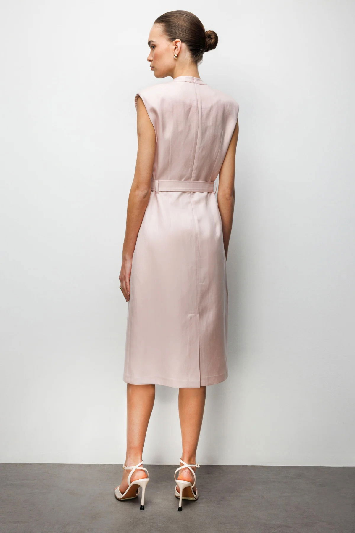 Ekol Kadın Beli Kuşaklı Süs Düğmeli Midi Elbise 6012 Pembe - 4
