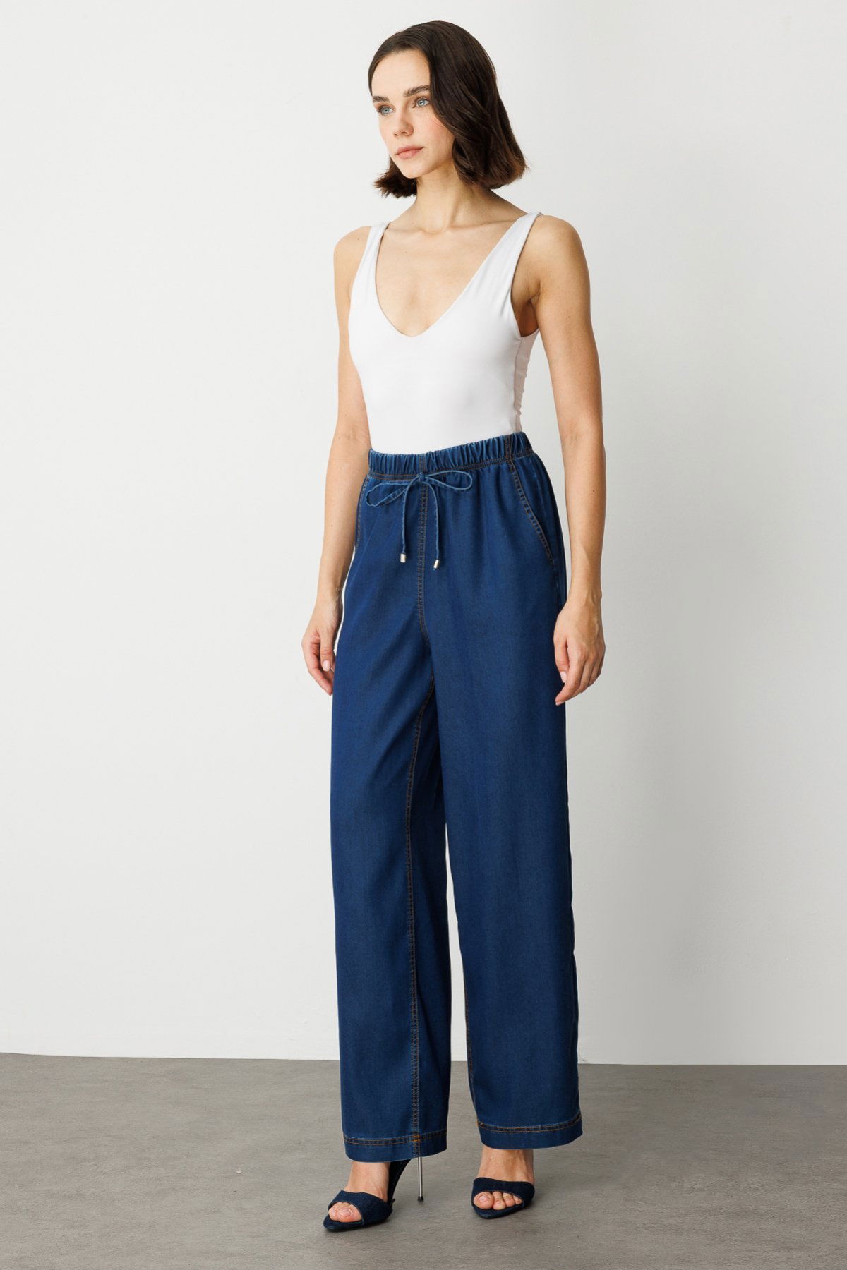 Ekol Kadın Beli Lastikli Bol Paça Pantolon 2138 Indigo - 2