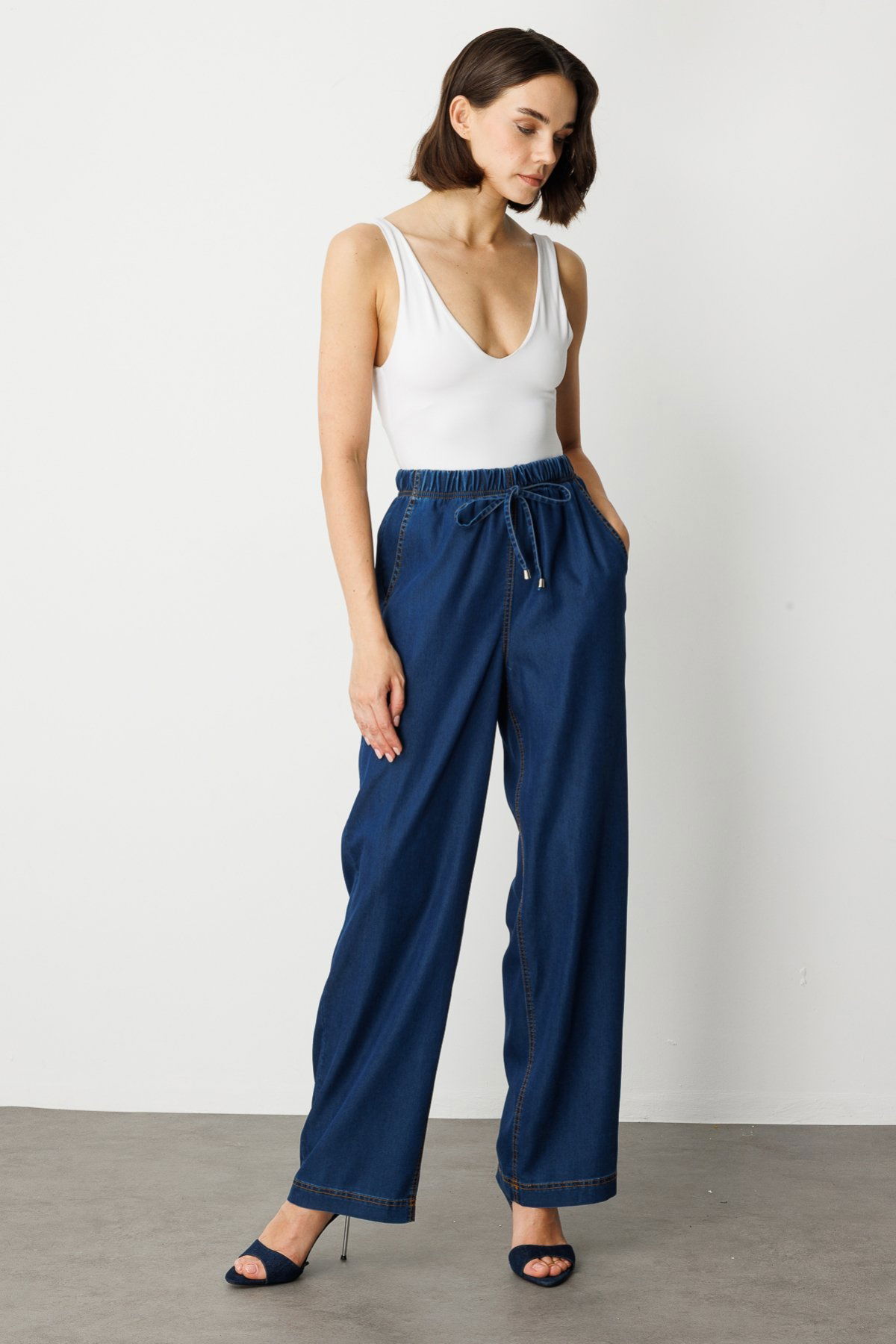 Ekol Kadın Beli Lastikli Bol Paça Pantolon 2138 Indigo - 3