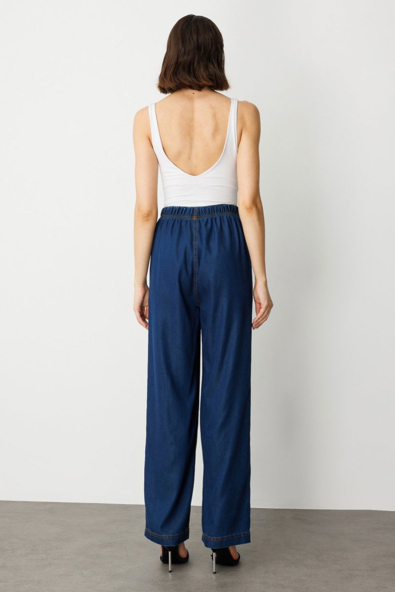 Ekol Kadın Beli Lastikli Bol Paça Pantolon 2138 Indigo - 4