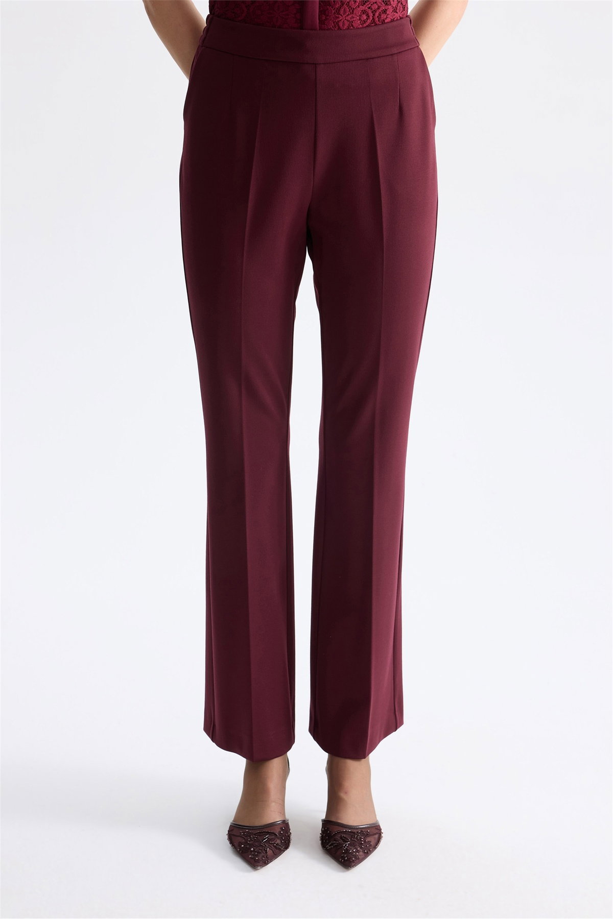 Ekol Kadın Beli Lastikli Bol Paça Pantolon Bordo - 3