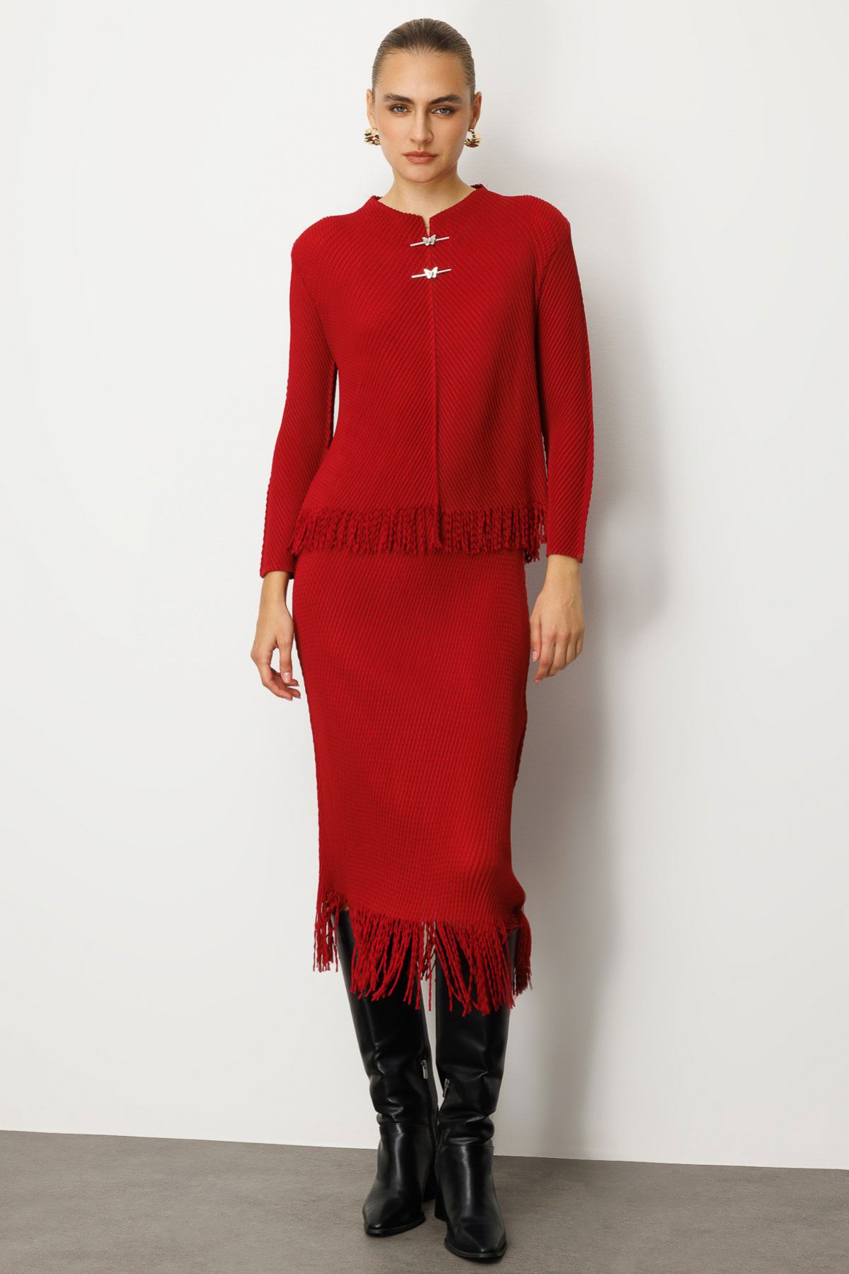 Ekol Kadın Beli Lastikli Püsküllü Etek 3911 Bordo - 1