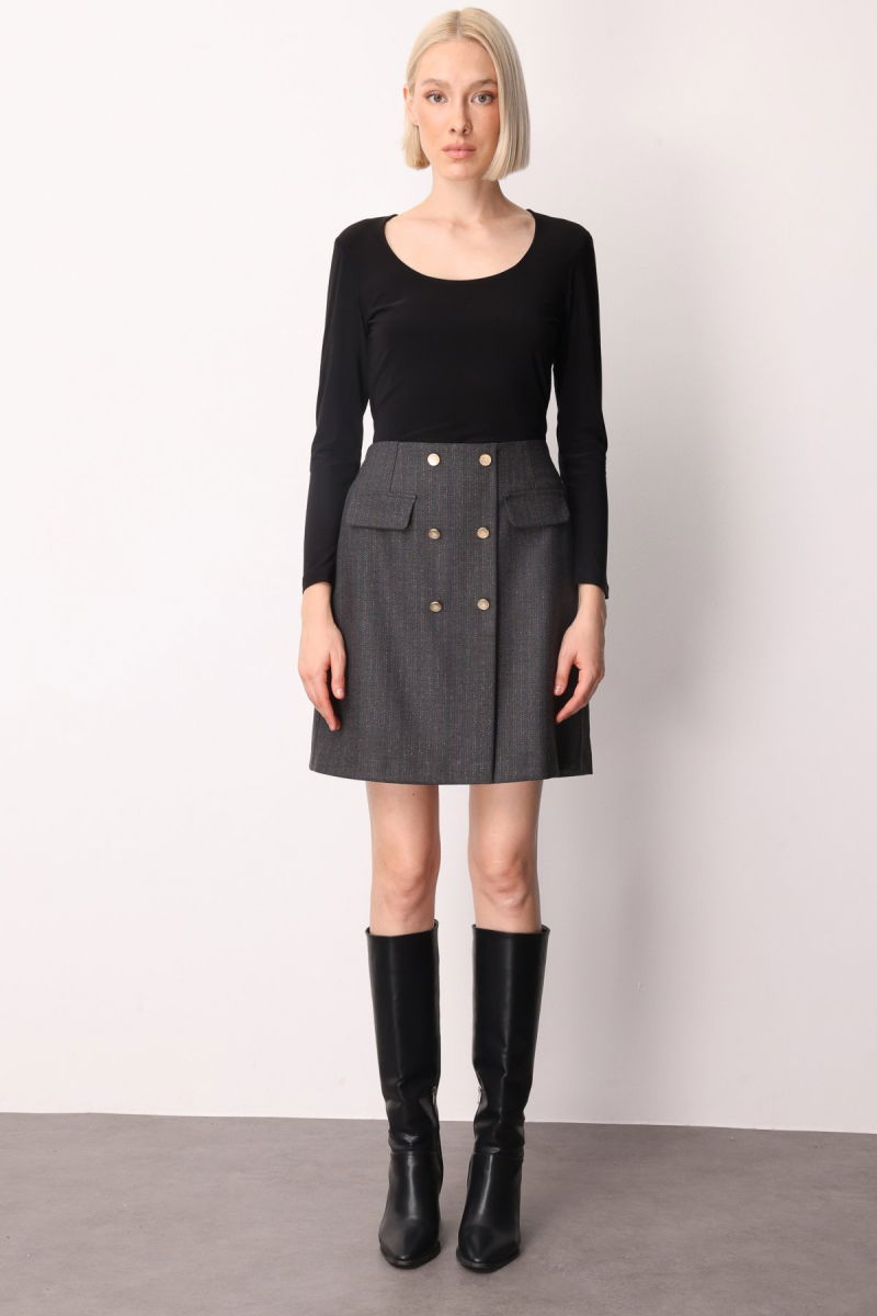 Ekol Kadın Beli Lastikli Süs Düğmeli Mini Etek 2019 Siyah - Ekol