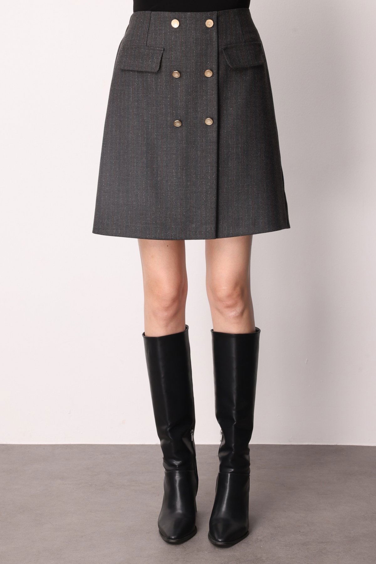 Ekol Kadın Beli Lastikli Süs Düğmeli Mini Etek 2019 Siyah - 3