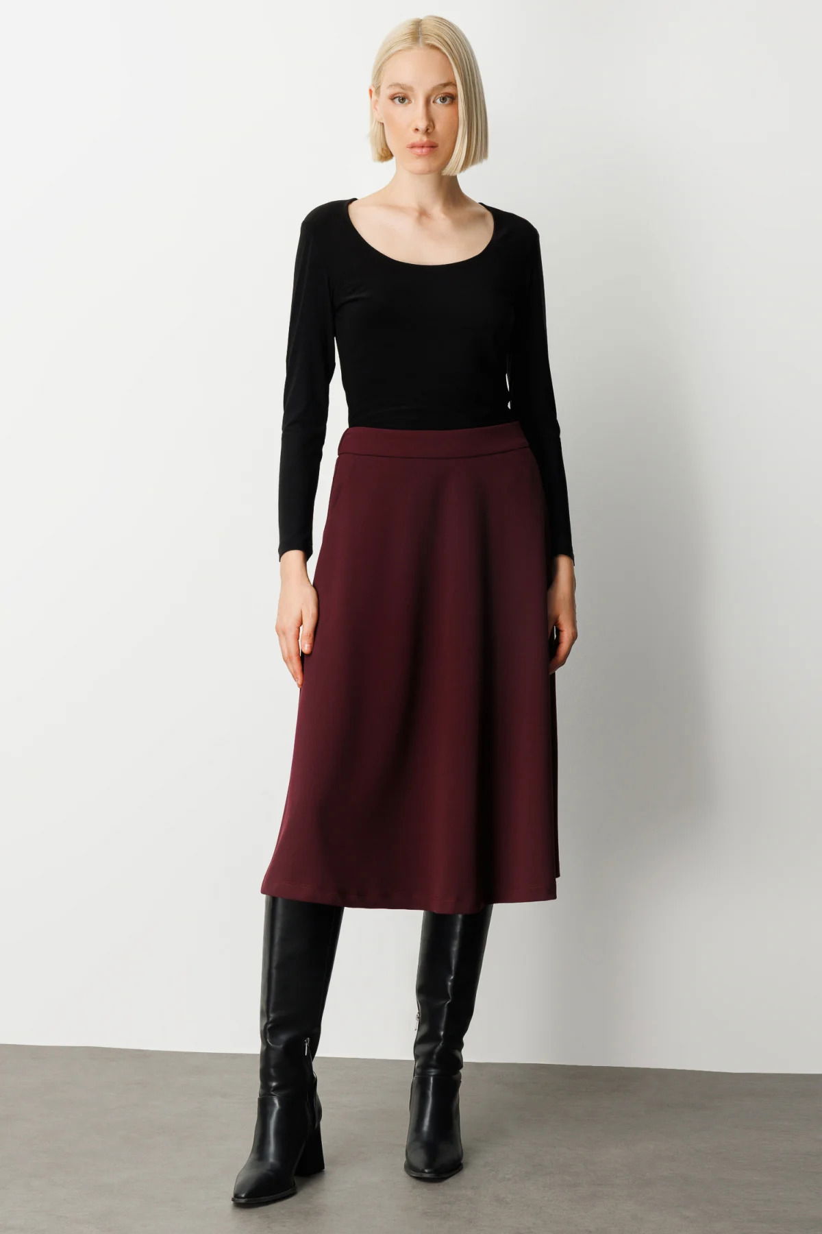 Ekol Kadın Beli Lastikli Volanlı Midi Etek 2023 Bordo - 1