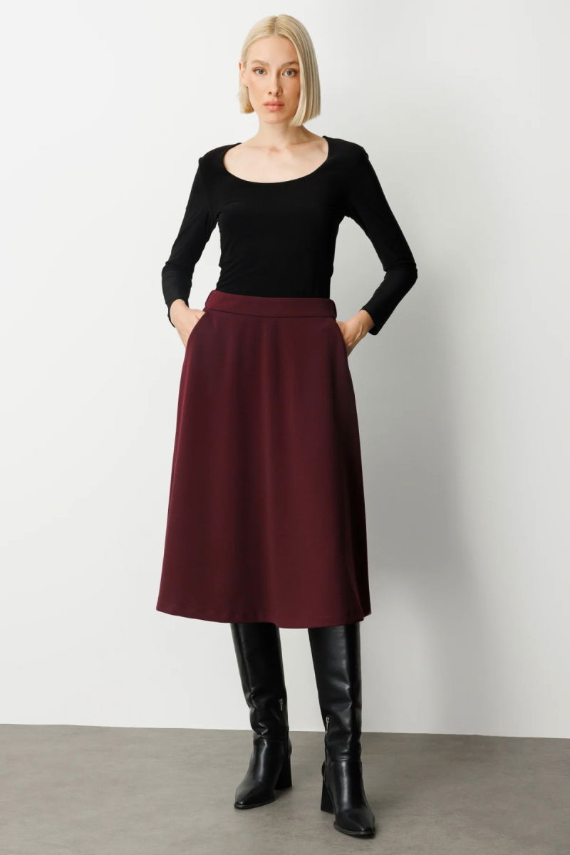 Ekol Kadın Beli Lastikli Volanlı Midi Etek 2023 Bordo - 2