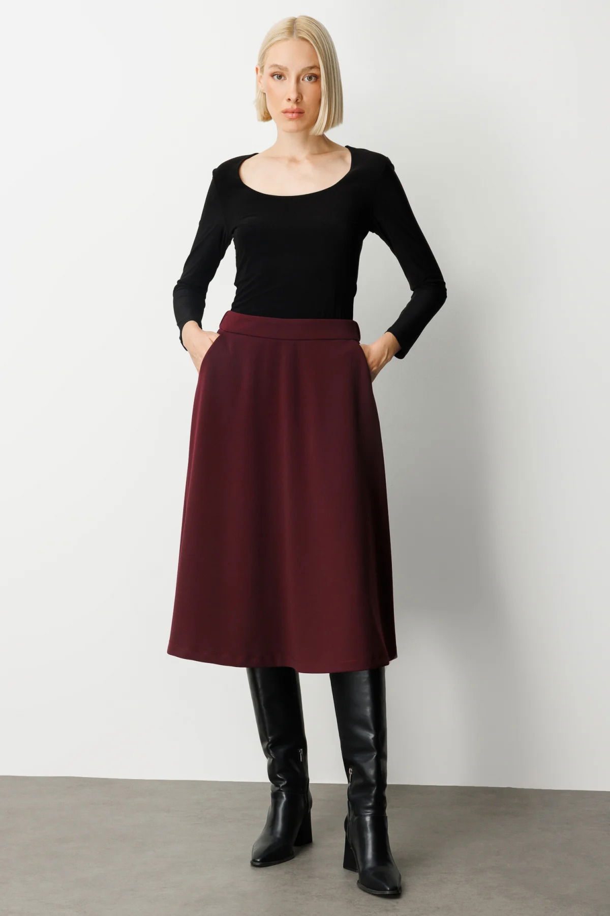 Ekol Kadın Beli Lastikli Volanlı Midi Etek 2023 Bordo - 2