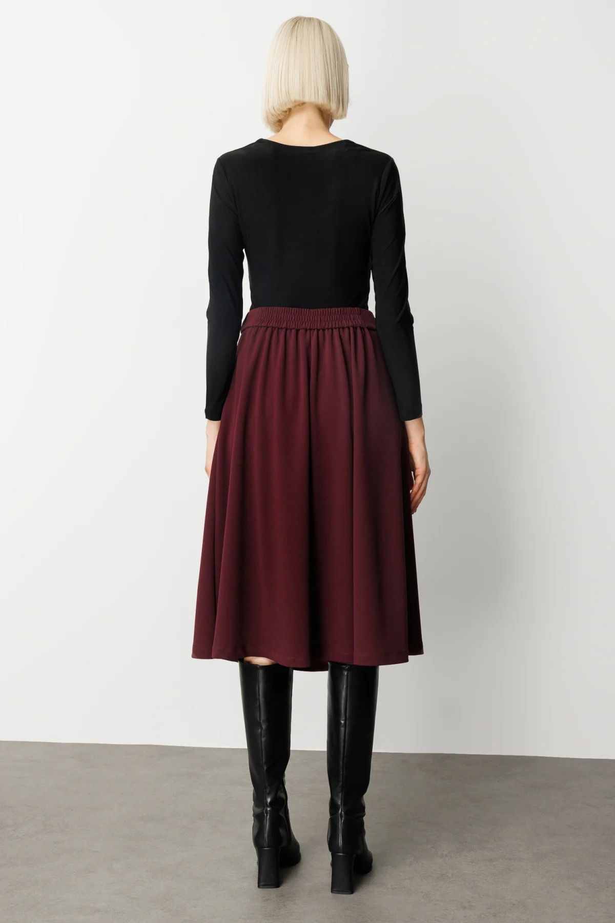 Ekol Kadın Beli Lastikli Volanlı Midi Etek 2023 Bordo - 4