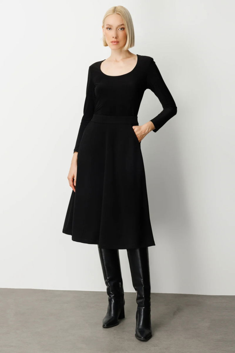 Ekol Kadın Beli Lastikli Volanlı Midi Etek 2023 Siyah - 2