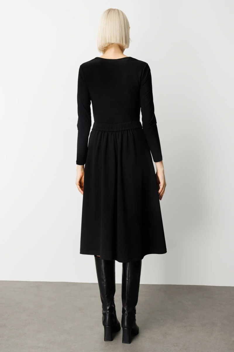 Ekol Kadın Beli Lastikli Volanlı Midi Etek 2023 Siyah - 4