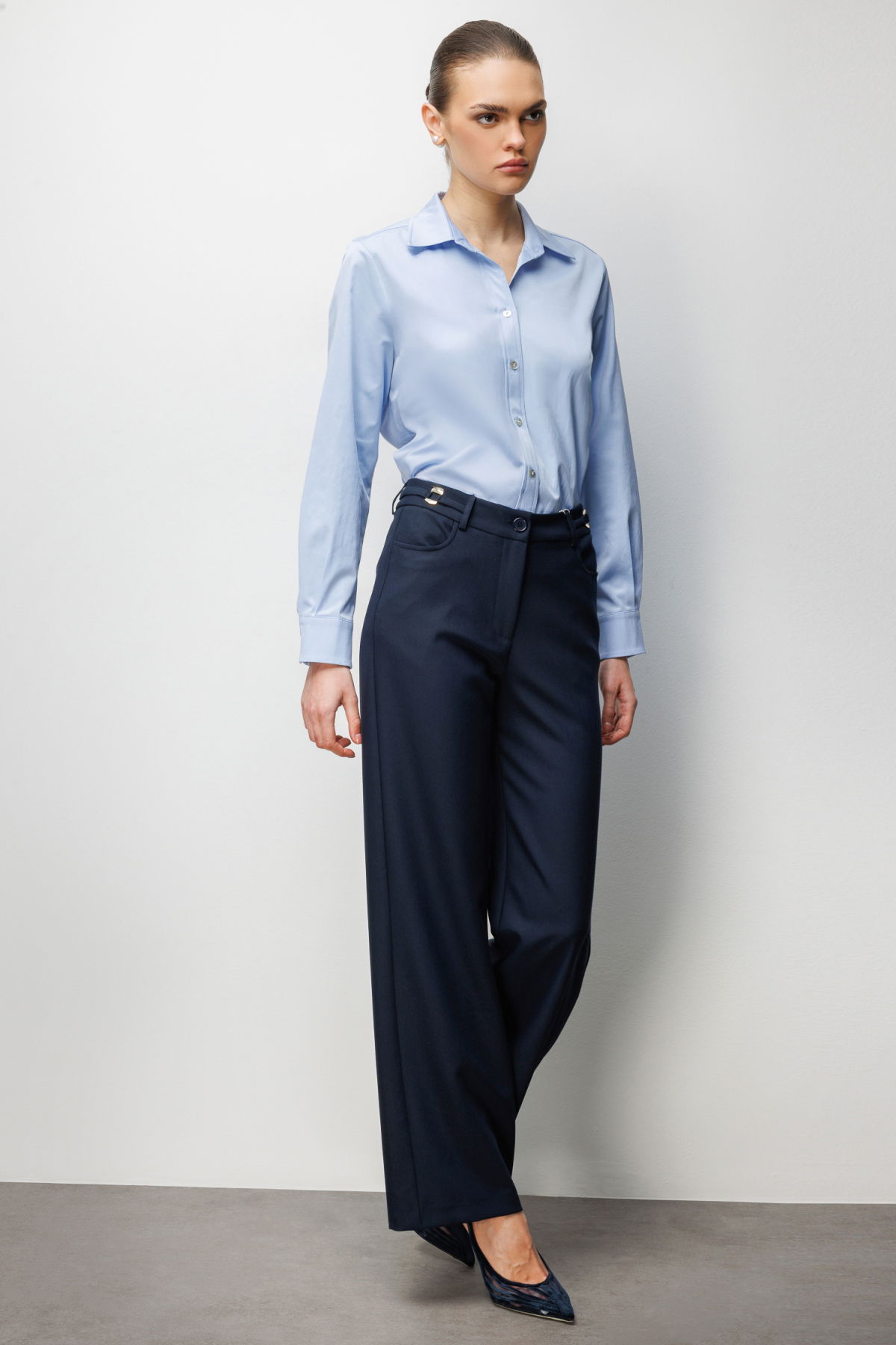 Ekol Kadın Beli Metal Aksesuarlı Bol Paça Pantolon 4010 Lacivert - 1