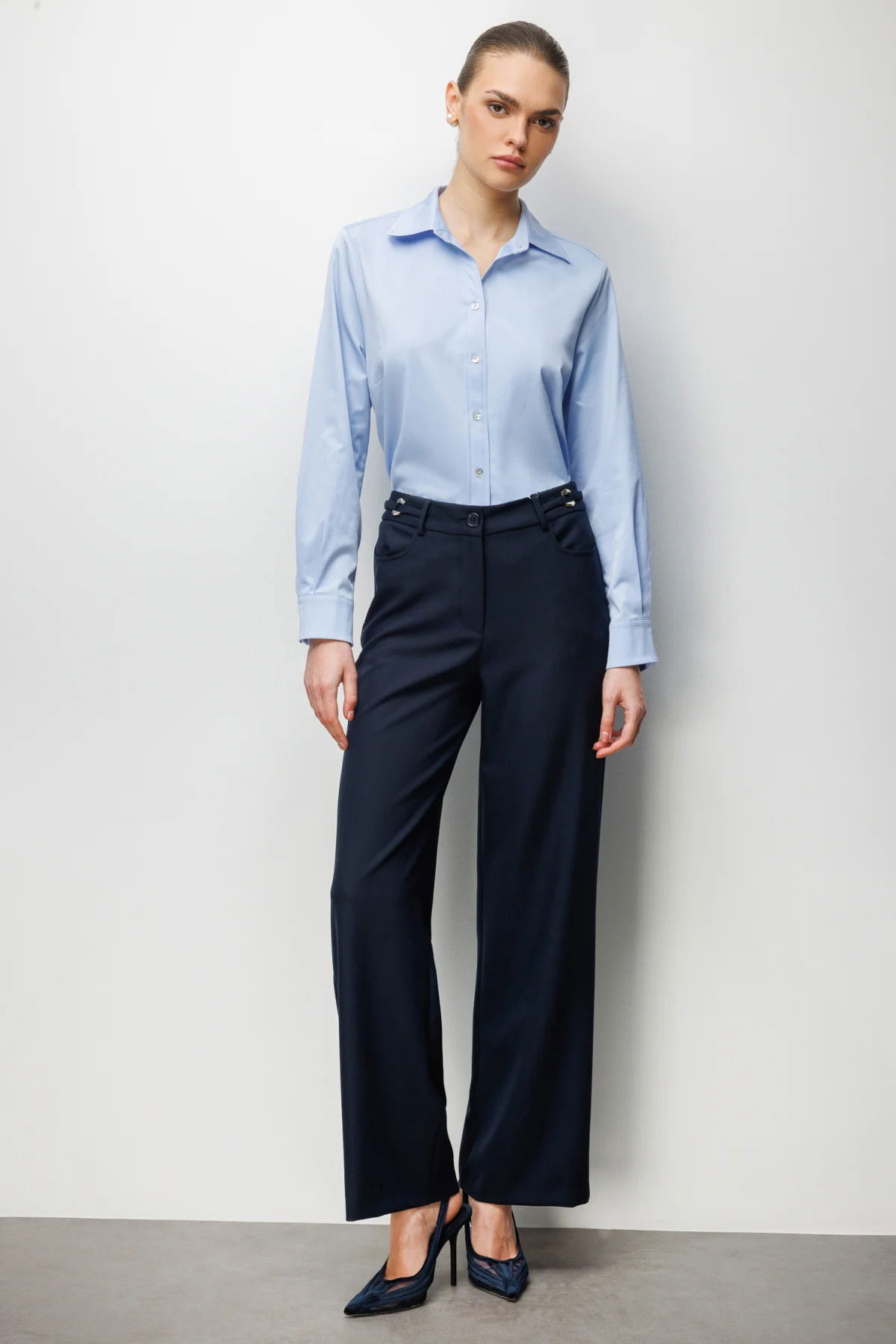 Ekol Kadın Beli Metal Aksesuarlı Bol Paça Pantolon 4010 Lacivert - 2