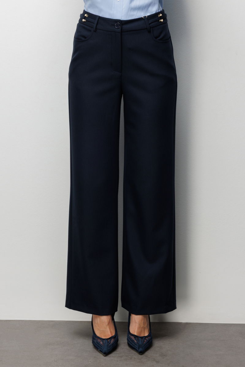 Ekol Kadın Beli Metal Aksesuarlı Bol Paça Pantolon 4010 Lacivert - 3