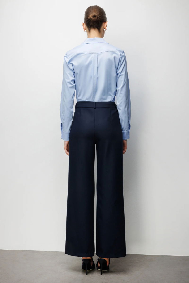 Ekol Kadın Beli Metal Aksesuarlı Bol Paça Pantolon 4010 Lacivert - 4