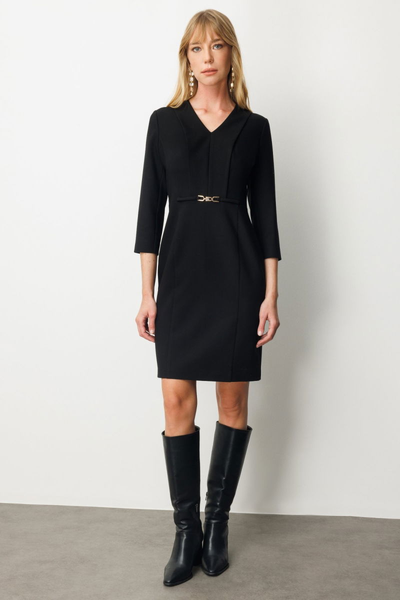 Ekol Kadın Beli Metal Aksesuarlı Midi Elbise 4033 Siyah - Ekol