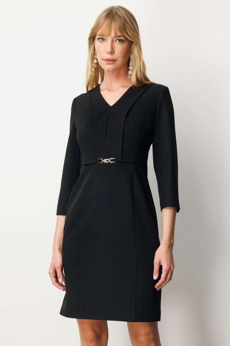 Ekol Kadın Beli Metal Aksesuarlı Midi Elbise 4033 Siyah - 3
