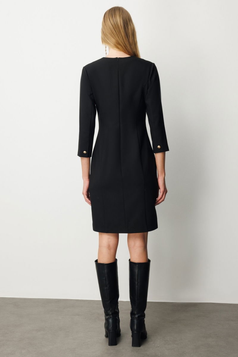 Ekol Kadın Beli Metal Aksesuarlı Midi Elbise 4033 Siyah - 4