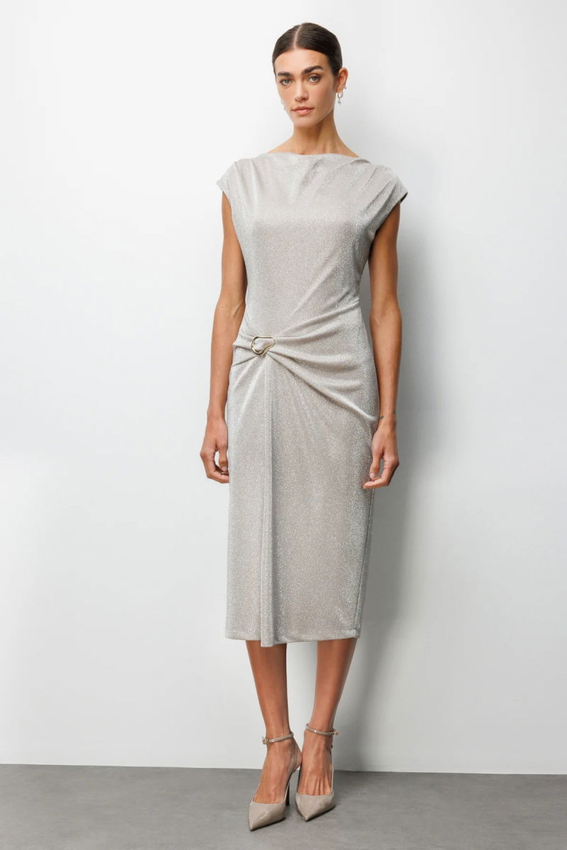 Ekol Kadın Beli Metal Aksesuarlı Simli Elbise 6072 Gold - Ekol