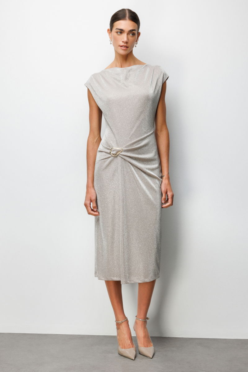 Ekol Kadın Beli Metal Aksesuarlı Simli Elbise 6072 Gold - 2