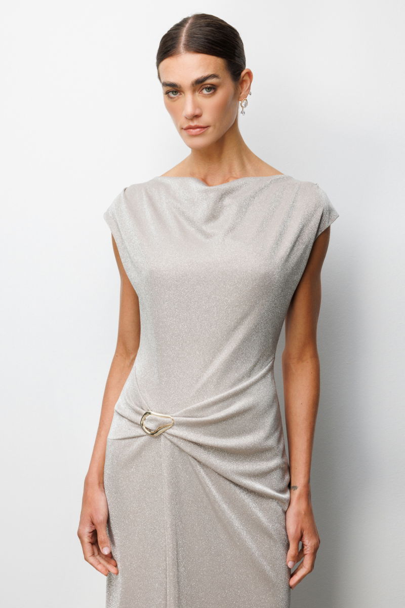 Ekol Kadın Beli Metal Aksesuarlı Simli Elbise 6072 Gold - 3