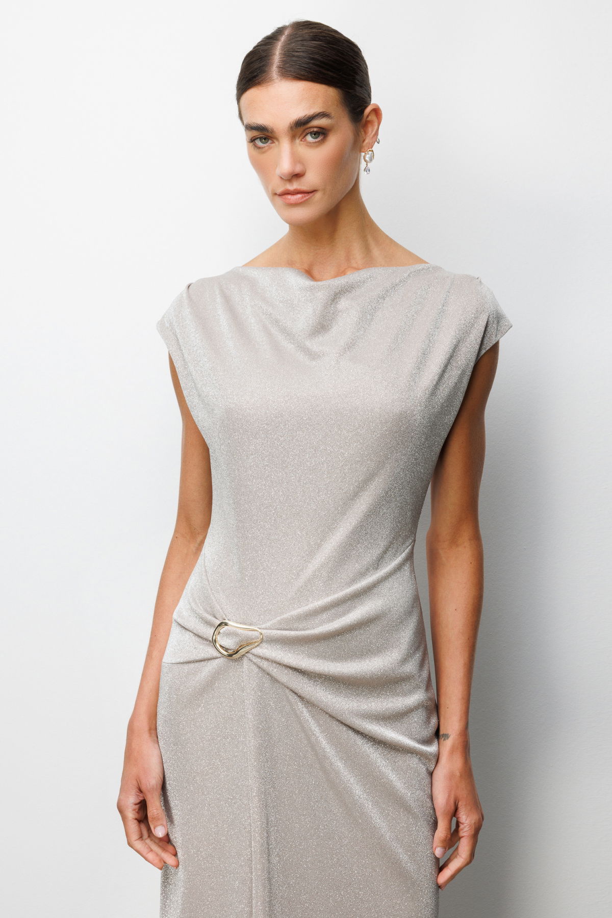 Ekol Kadın Beli Metal Aksesuarlı Simli Elbise 6072 Gold - 3