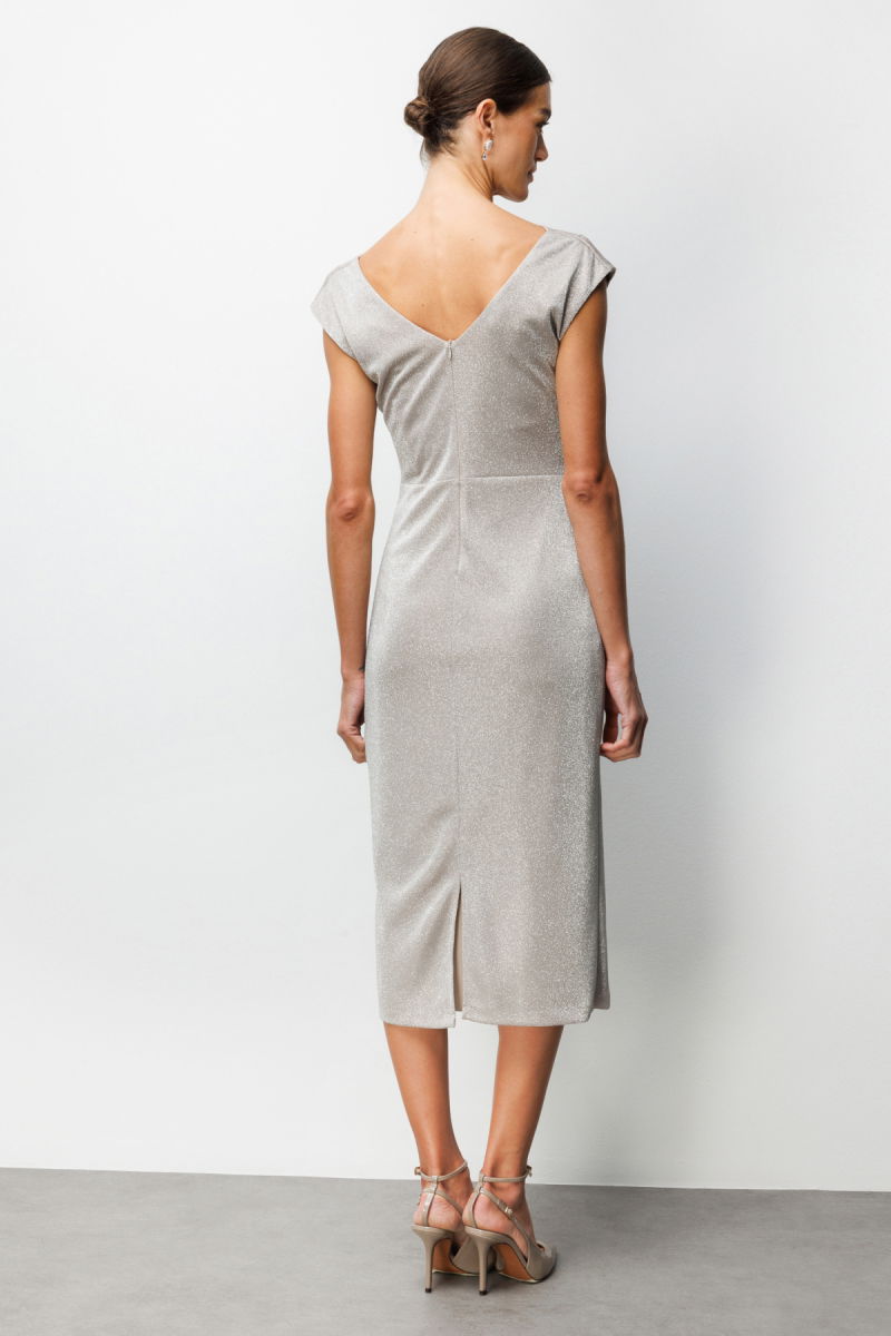 Ekol Kadın Beli Metal Aksesuarlı Simli Elbise 6072 Gold - 4