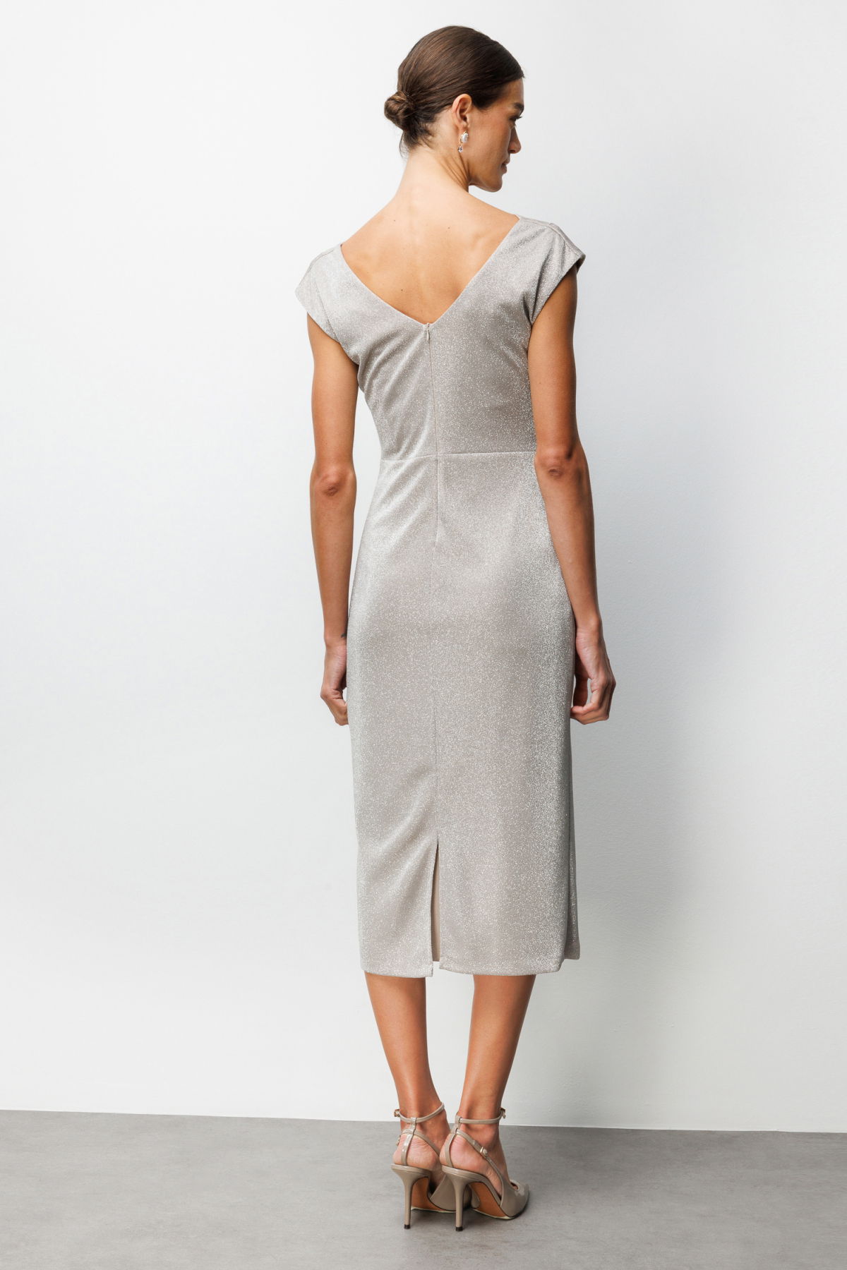 Ekol Kadın Beli Metal Aksesuarlı Simli Elbise 6072 Gold - 4