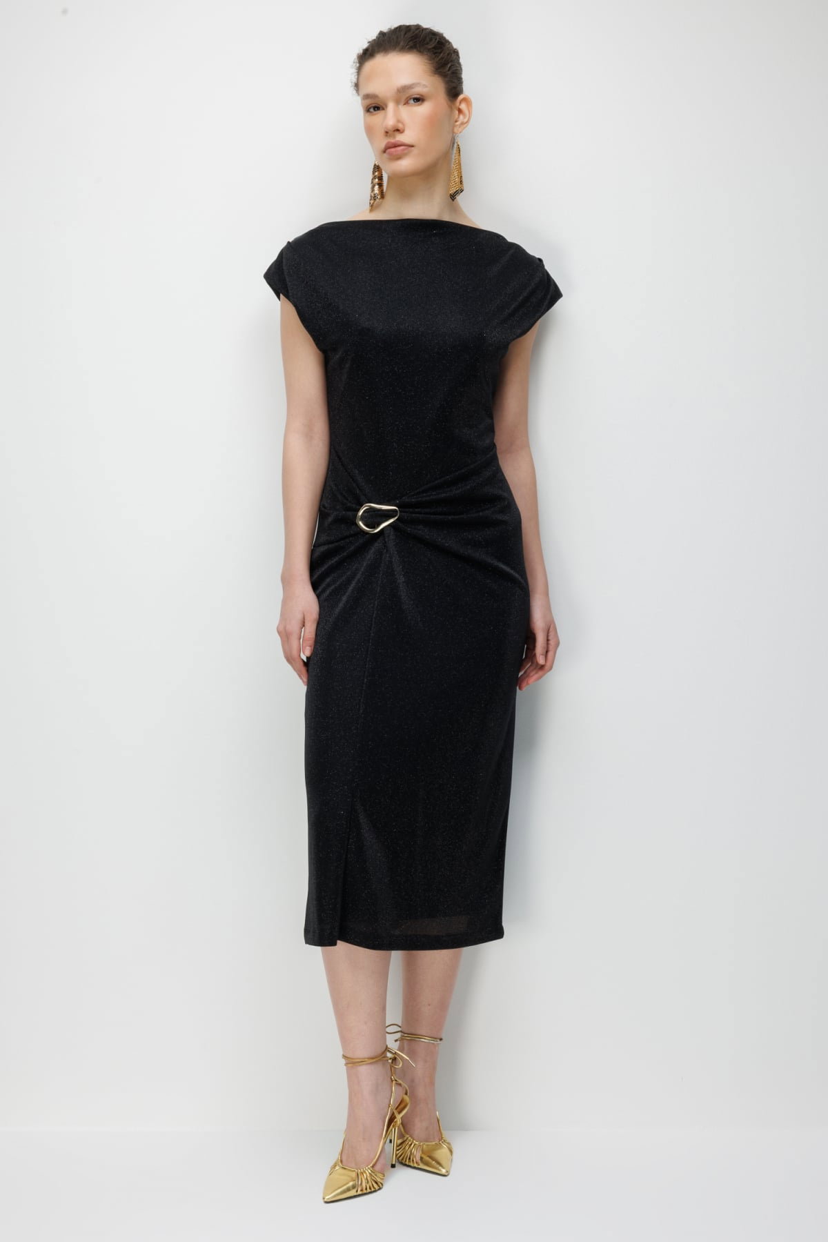 Ekol Kadın Beli Metal Aksesuarlı Simli Elbise 6072 Siyah - 1