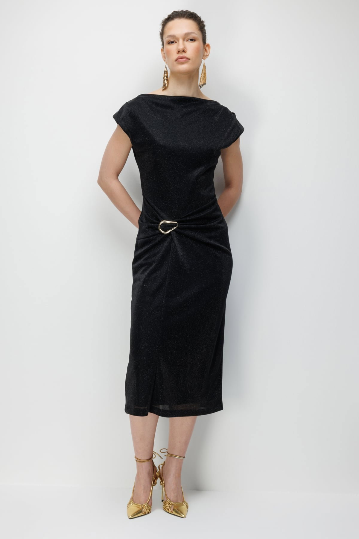 Ekol Kadın Beli Metal Aksesuarlı Simli Elbise 6072 Siyah - 2