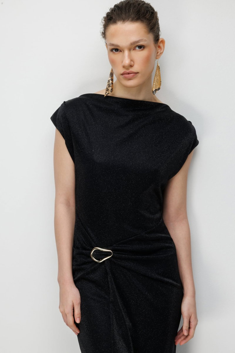 Ekol Kadın Beli Metal Aksesuarlı Simli Elbise 6072 Siyah - 3