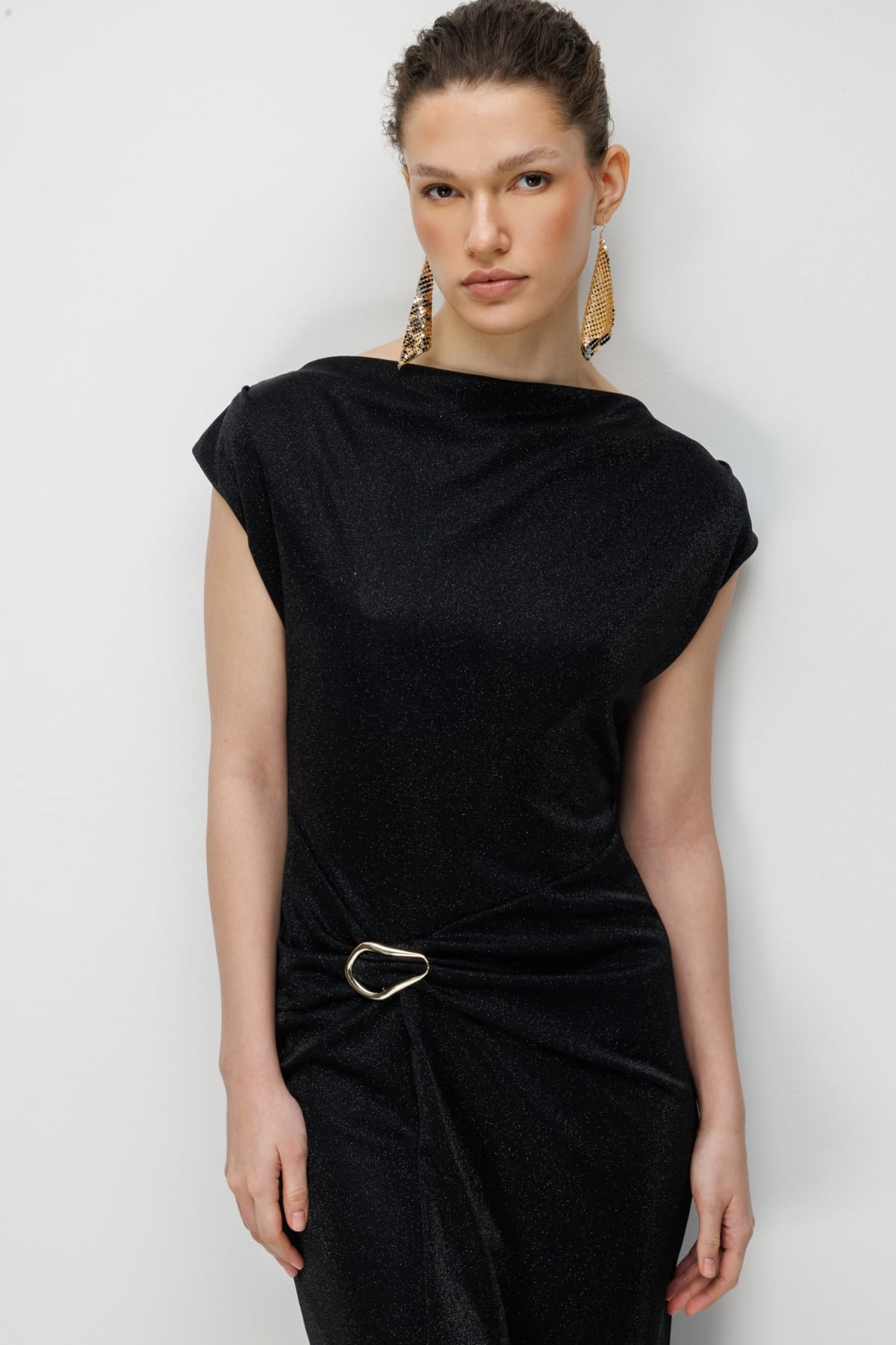 Ekol Kadın Beli Metal Aksesuarlı Simli Elbise 6072 Siyah - 3