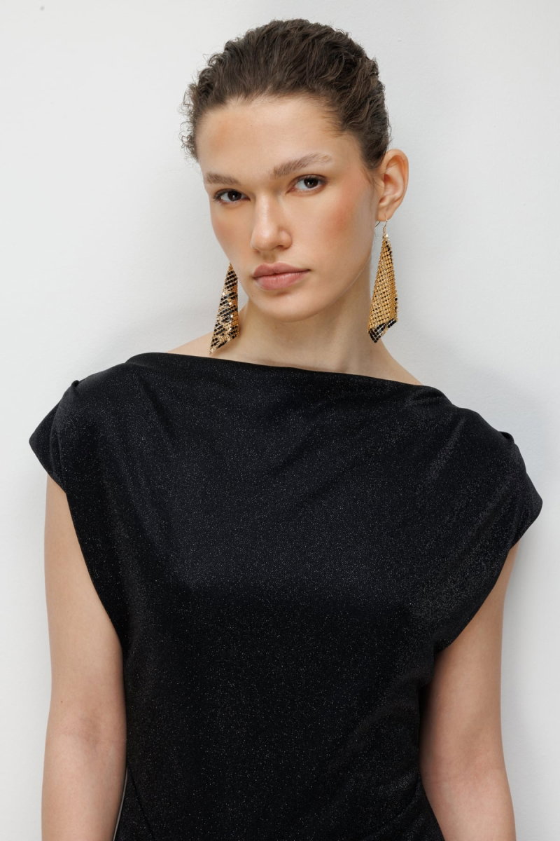 Ekol Kadın Beli Metal Aksesuarlı Simli Elbise 6072 Siyah - 4