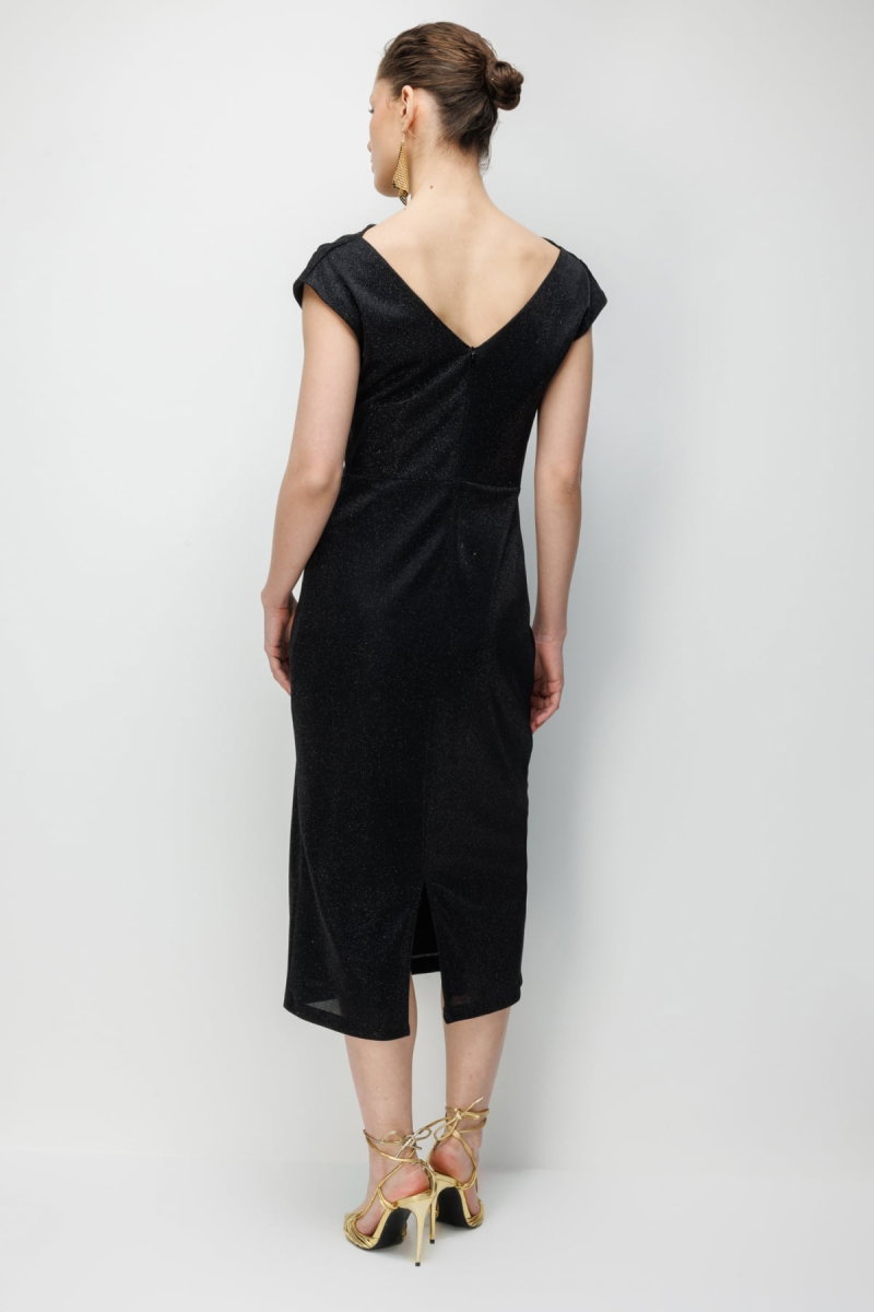 Ekol Kadın Beli Metal Aksesuarlı Simli Elbise 6072 Siyah - 5