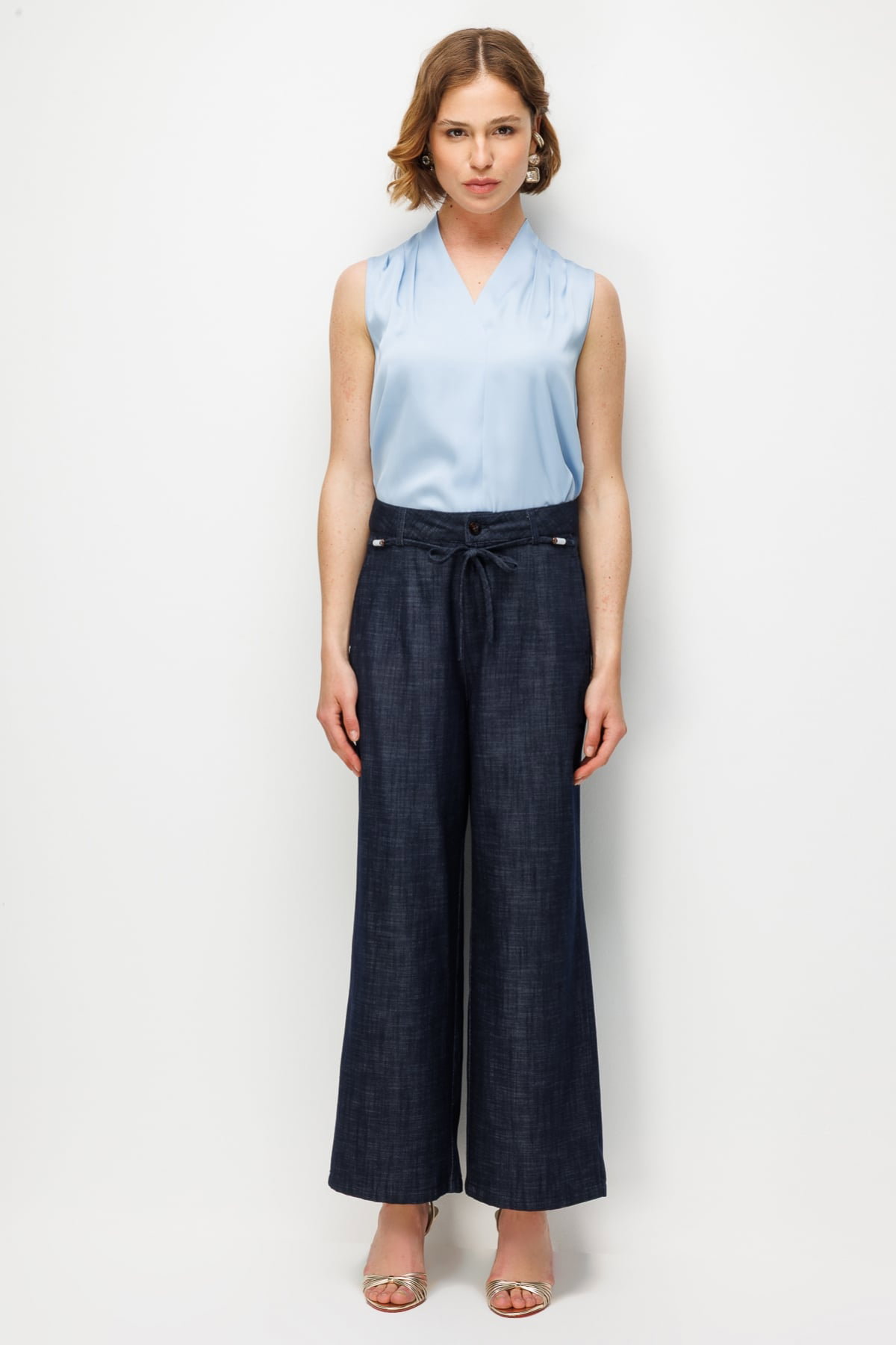 Ekol Kadın Beli Süs Kemerli Bol Paça Pantolon 4934 Indigo - 2