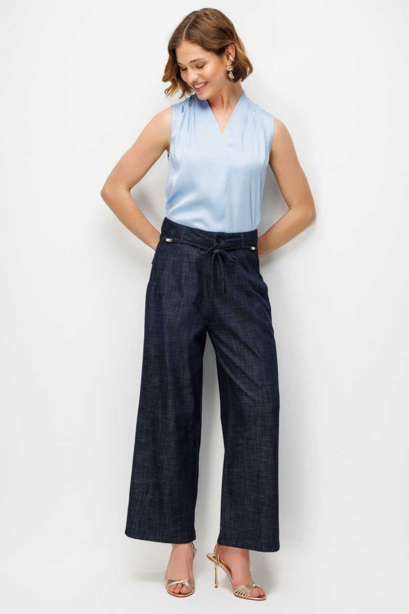 Ekol Kadın Beli Süs Kemerli Bol Paça Pantolon 4934 Indigo - 3