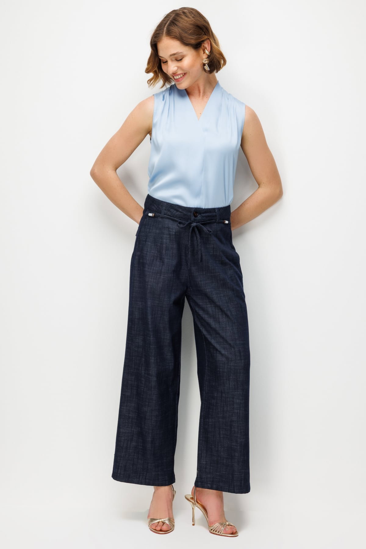 Ekol Kadın Beli Süs Kemerli Bol Paça Pantolon 4934 Indigo - 3