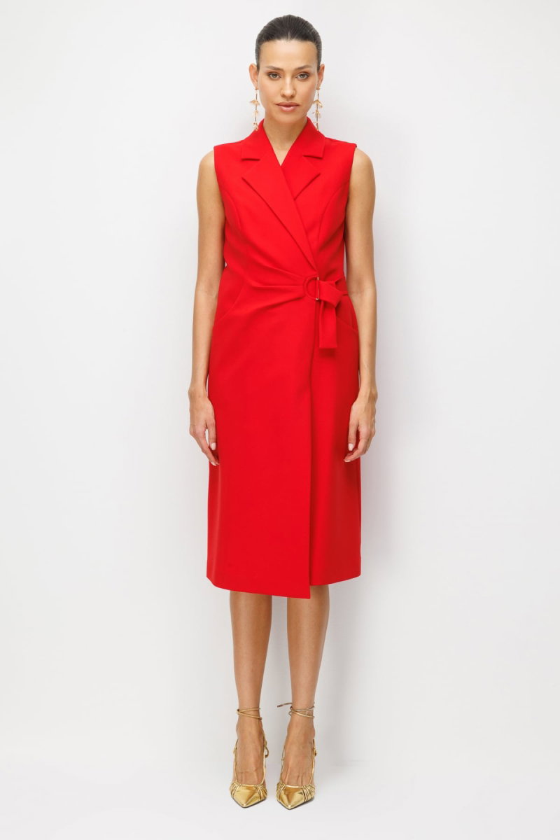 Ekol Kadın Beli Tokalı Kruvaze Midi Elbise 6134 Kırmızı - Ekol