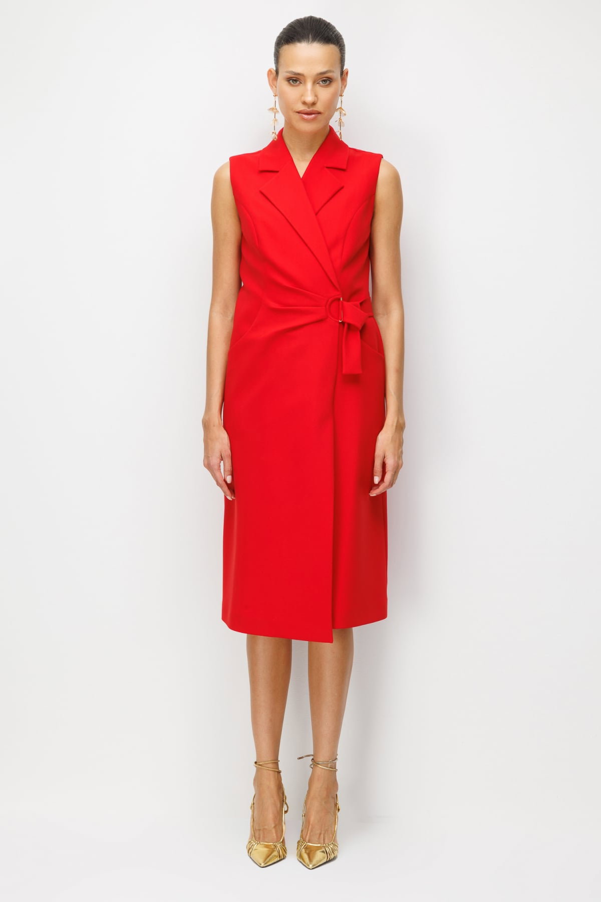 Ekol Kadın Beli Tokalı Kruvaze Midi Elbise 6134 Kırmızı - 1