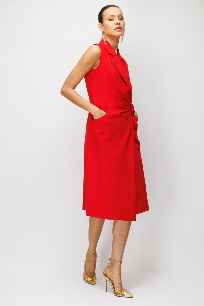 Ekol Kadın Beli Tokalı Kruvaze Midi Elbise 6134 Kırmızı - 2