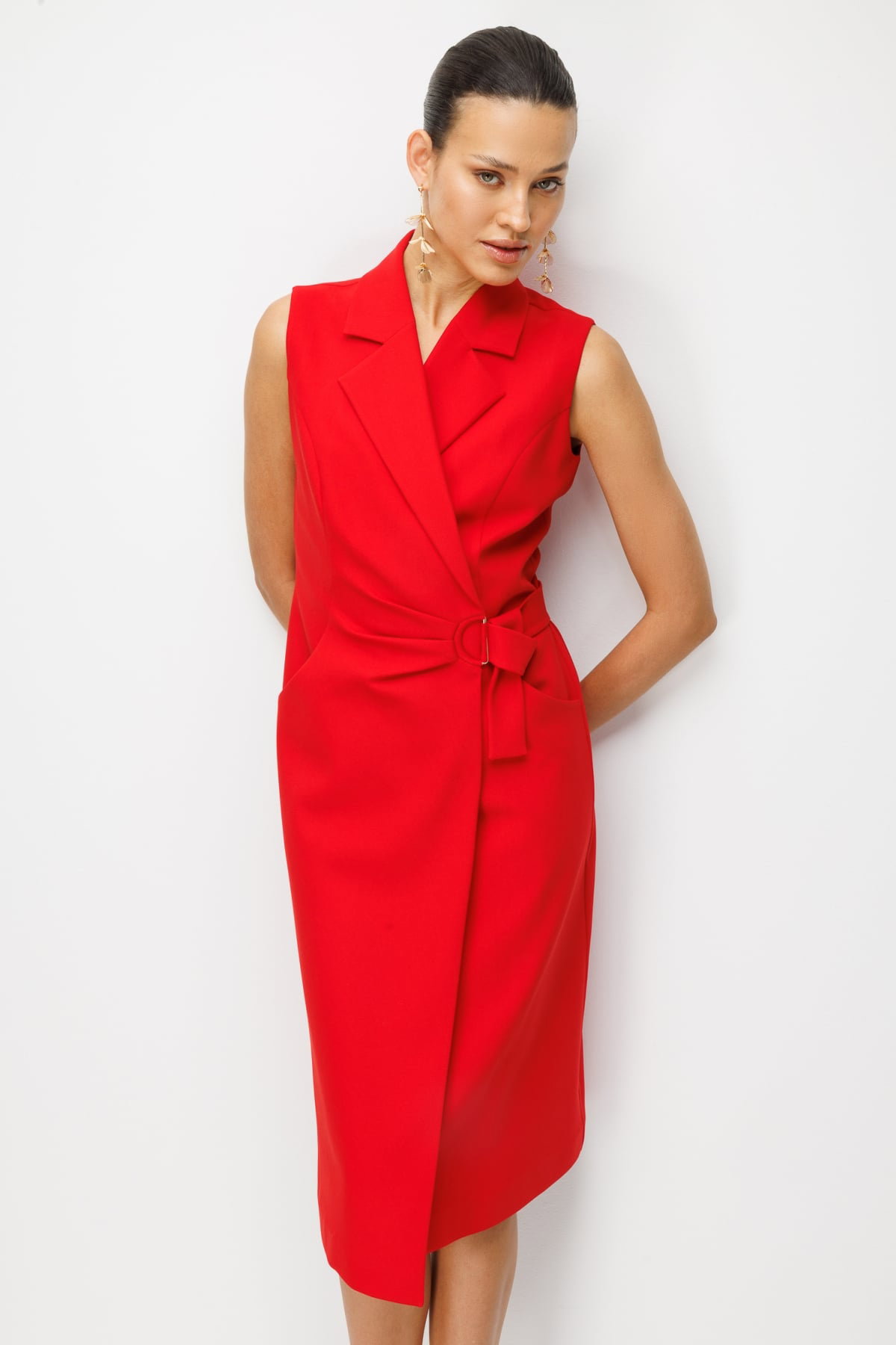 Ekol Kadın Beli Tokalı Kruvaze Midi Elbise 6134 Kırmızı - 3